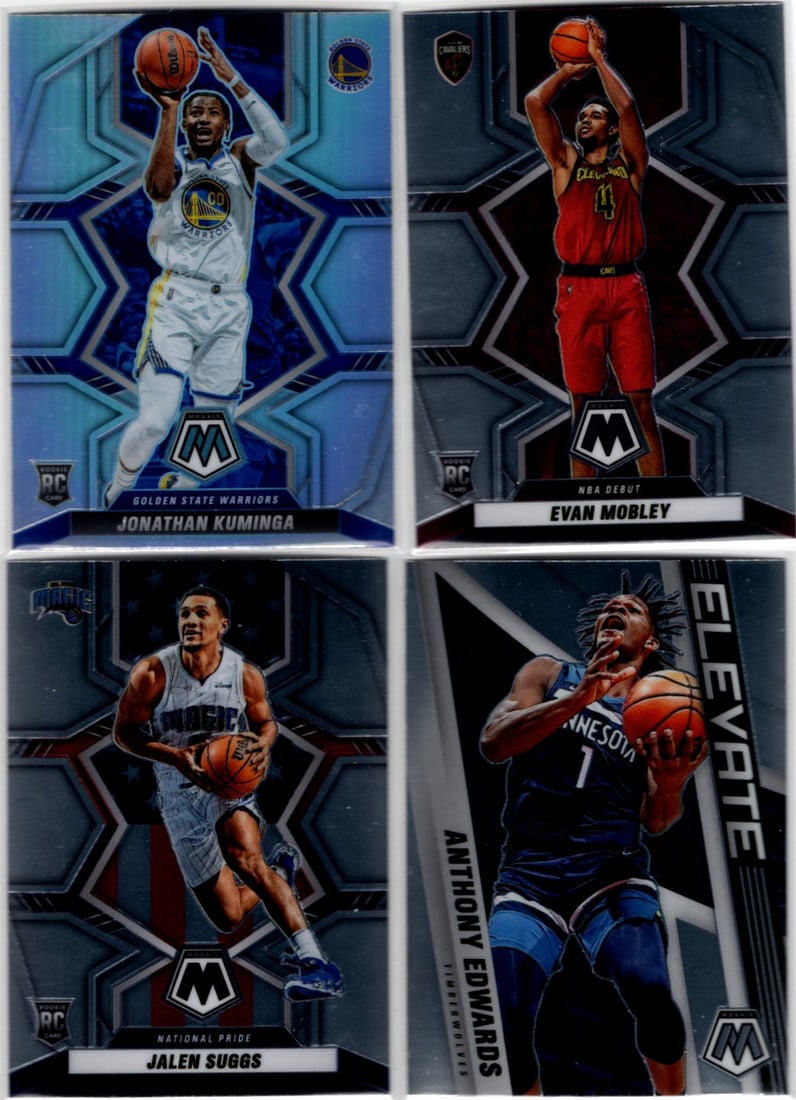 Lot of 4 2021-22 Mosaic NBA RCs & Inserts. Kuminga Silver RC, Mobley RC, Suggs RC, Edwards: Panini Select, Prizm, Mosaic, Contenders, Revolution, Phoenix, NBA Hoops, Rookie NFL Sports Trading Cards, Silver, SP, SSP, Wave Prizms, Numbered Cards, Basketball sports Cards for Sale Near Me, NBA C
