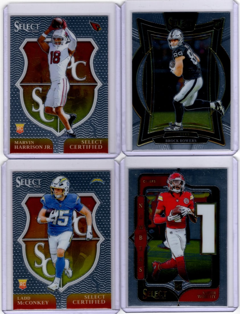 Lot of 4 2024 Select NFL Rookie Cards. Harrison Jr., Bowers, McConkey, Worthy: Panini Select, Prizm, Mosaic, Contenders, Zenith, Phoenix, Illusions, Absolute, Rookie NFL Sports Trading Cards, SP, SSP, Cards, Football Cards for Sale Near Me, Superbowl & Hall of Fame Player Cards,
