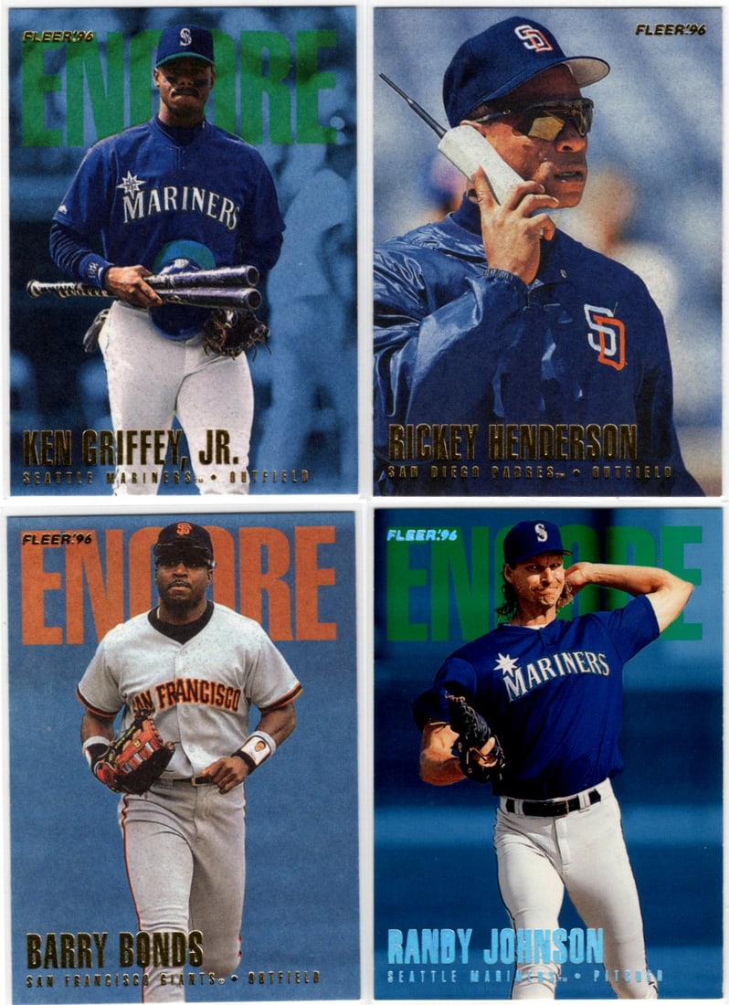 Lot of 4 1996 Fleer Update Baseball Cards. Griffey Jr., Henderson, Bonds, Johnson (1 of 2)