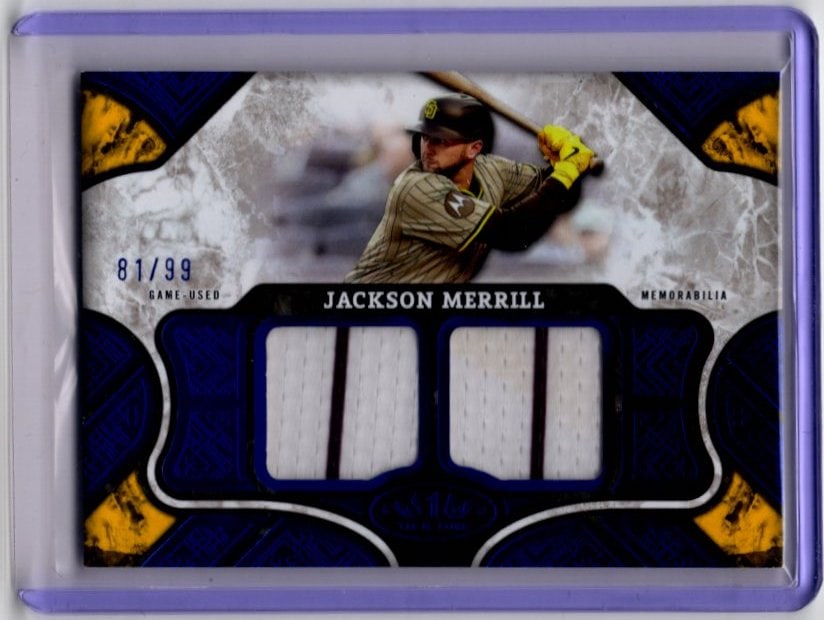 Jackson Merrill Dual Game Used Patch Blue /99 2025 Topps Tier One #T1R-JME Padres: Topps Baseball MLB Trading & Sports Cards, Sports Cards for Sale Near Me, World Series & Hall of Fame Players Memorabilia, Refractors, X-Fractors, Numbered, SP, SSP, Valuable Auction Memorabilia Lots