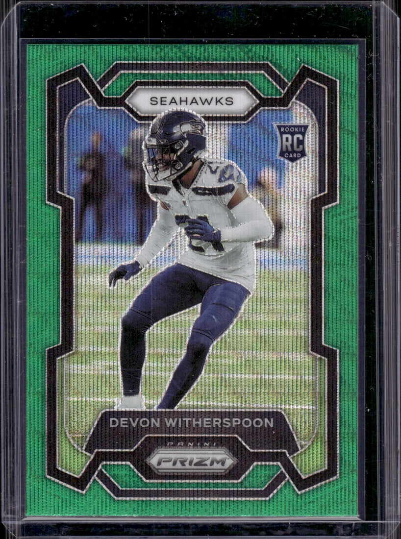 Devon Witherspoon Rookie Card Green Wave Prizm 2023 Panini Prizm #389 Seahawks: Panini Select, Prizm, Mosaic, Contenders, Zenith, Phoenix, Illusions, Absolute, Rookie NFL Sports Trading Cards, SP, SSP, Cards, Football Cards for Sale Near Me, Superbowl & Hall of Fame Player Cards,