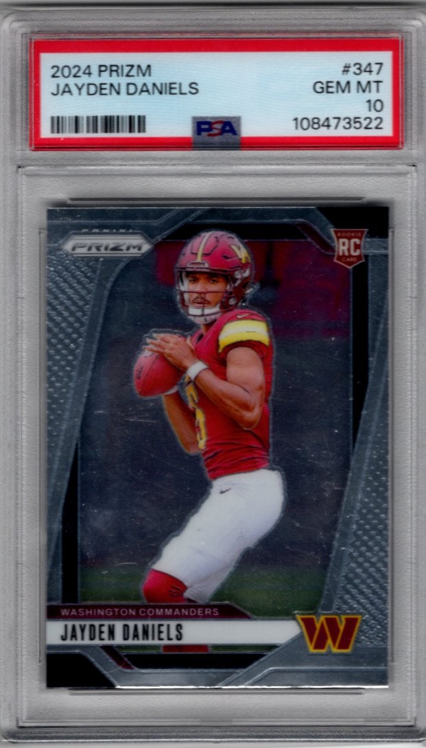 Jayden Daniels Rookie Card 2024 Panini Prizm #347 PSA 10 Washington Commanders: Panini Select, Prizm, Mosaic, Contenders, Zenith, Phoenix, Illusions, Absolute, Rookie NFL Sports Trading Cards, SP, SSP, Cards, Football Cards for Sale Near Me, Superbowl & Hall of Fame Player Cards,