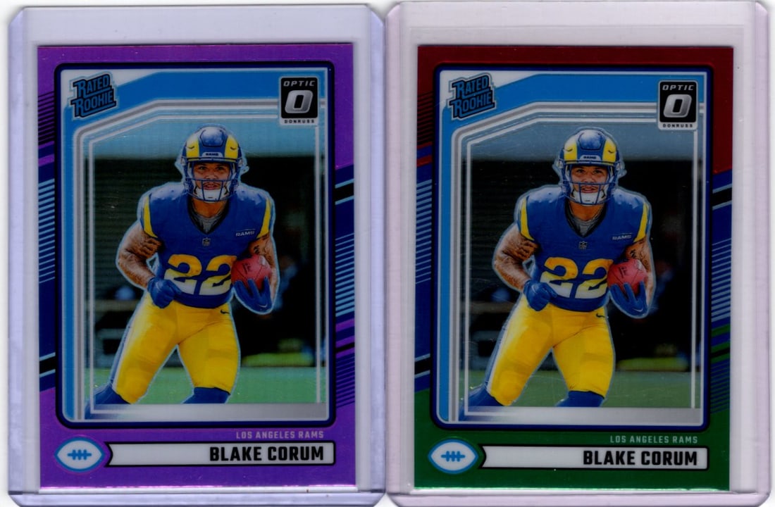 Lot of 2 Blake Corum Rookie Cards. Donruss Optic Pink Prizm & Red/Green Prizm: Panini Select, Prizm, Mosaic, Contenders, Zenith, Phoenix, Illusions, Absolute, Rookie NFL Sports Trading Cards, SP, SSP, Cards, Football Cards for Sale Near Me, Superbowl & Hall of Fame Player Cards,