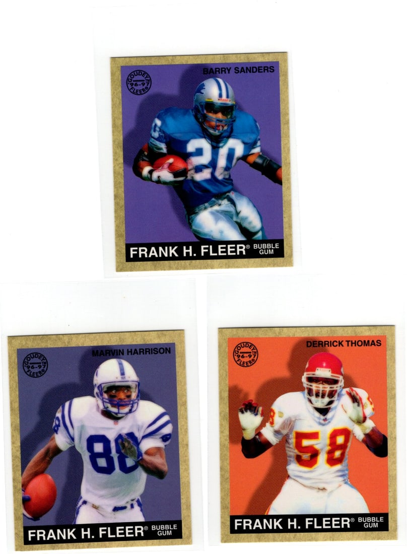 Lot of 3 1997 Fleer Goudey Football Cards. Barry Sanders, Marvin Harrison, Derrick Thomas (1 of 2)