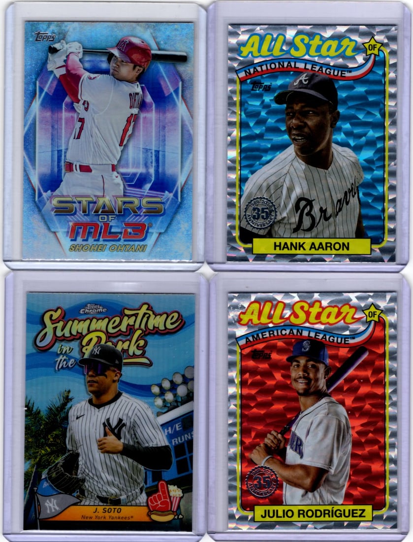 Lot of 4 Baseball Inserts/Parallels. Ohtani, Hank Aaron, Juan Soto, Julio Rodriguez (1 of 2)