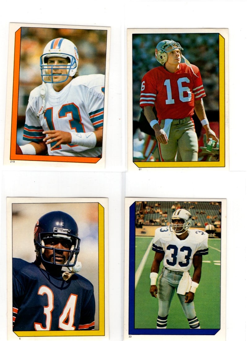 Lot of 4 1986 Topps NFL Stickers. Dan Marino, Joe Montana, Walter Payton, Tony Dorsett (1 of 2)