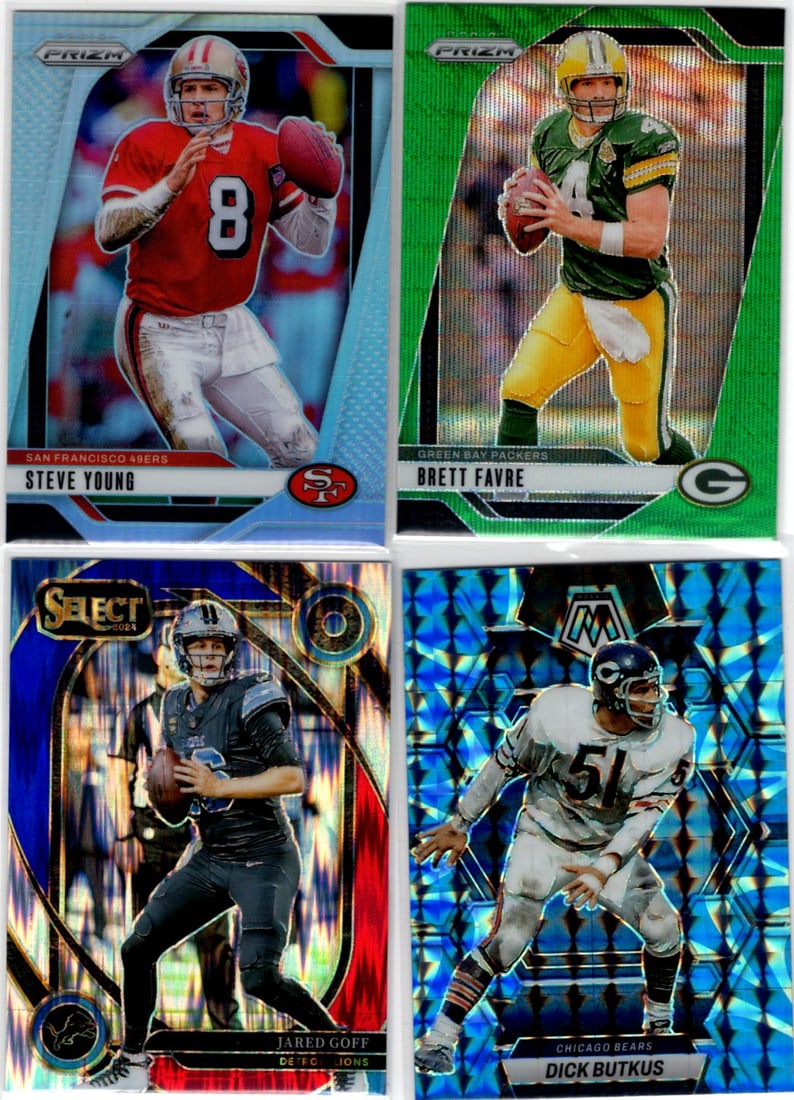 Lot of 4 NFL Prizms/Refractors. Steve Young, Brett Favre, Jared Goff, Dick Butkus (1 of 2)