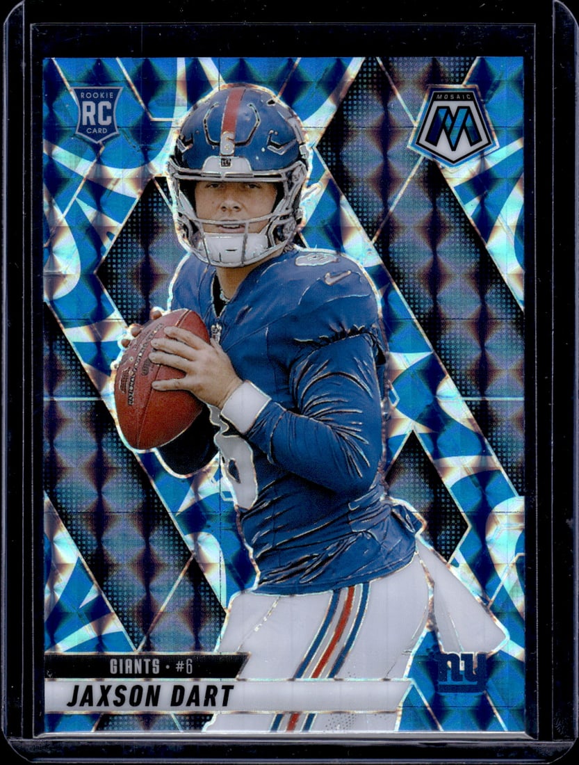 Jaxson Dart Rookie Card Blue Reactive Prizm 2025 Mosaic #362 New York Giants: Panini Select, Prizm, Mosaic, Contenders, Zenith, Phoenix, Illusions, Absolute, Rookie NFL Sports Trading Cards, SP, SSP, Cards, Football Cards for Sale Near Me, Superbowl & Hall of Fame Player Cards,