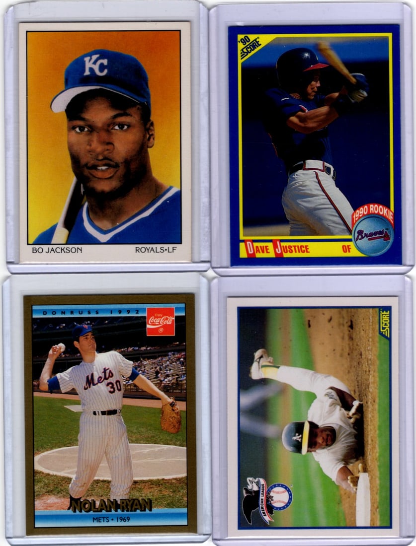 Lot of 4 Early 1990s Baseball Cards. Bo Jackson, Dave Justice RC, Nolan Ryan, Henderson (1 of 2)