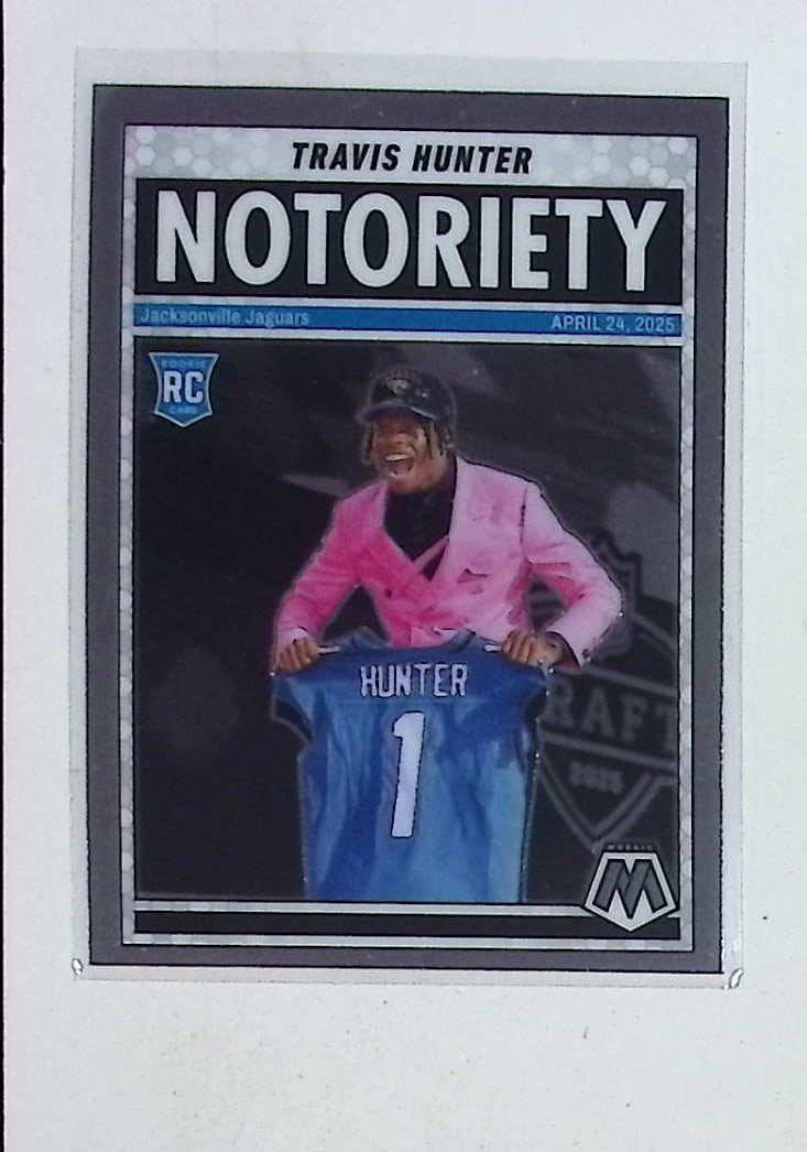Travis Hunter Rookie Card Notoriety Insert 2025 Panini Mosaic #12: Panini Select, Prizm, Mosaic, Contenders, Zenith, Phoenix, Illusions, Absolute, Rookie NFL Sports Trading Cards, SP, SSP, Cards, Football Cards for Sale Near Me, Superbowl & Hall of Fame Player Cards,