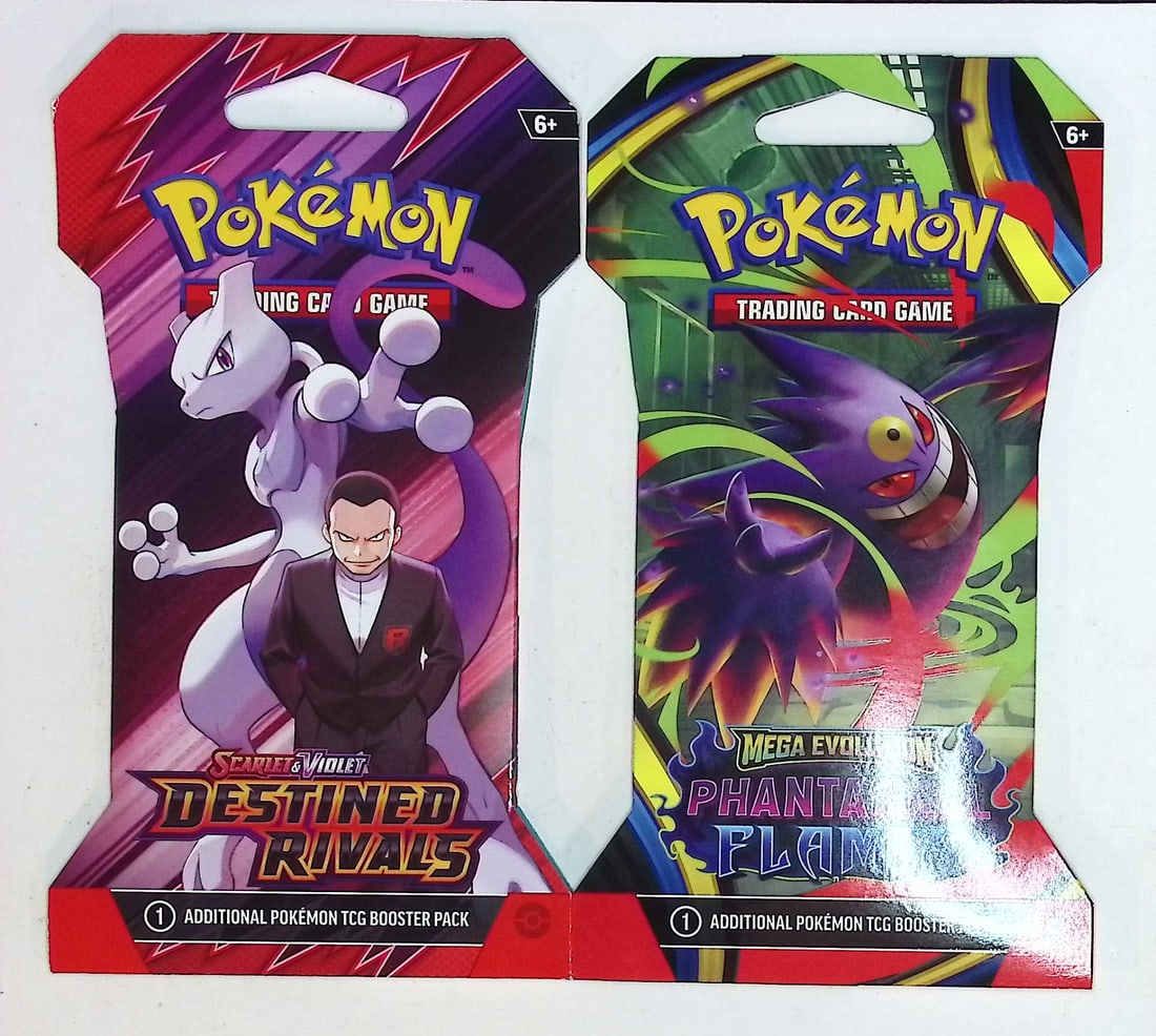 2 COUNT: 1 - 2025 Pokemon Destined Rivals Booster Pack & 1 - 2025 Phantasmal Flames Booster Pack: Pokemon Trading Card Game Cards, Charizard, Pikachu, Mewto, EX, Referse Holo, Holo Rare Cards, Secret Rare Cards, Full Art Cards, Evee, 3 Stars Ultra Rare Cards, Double Rare, Illustration Rare, Specia