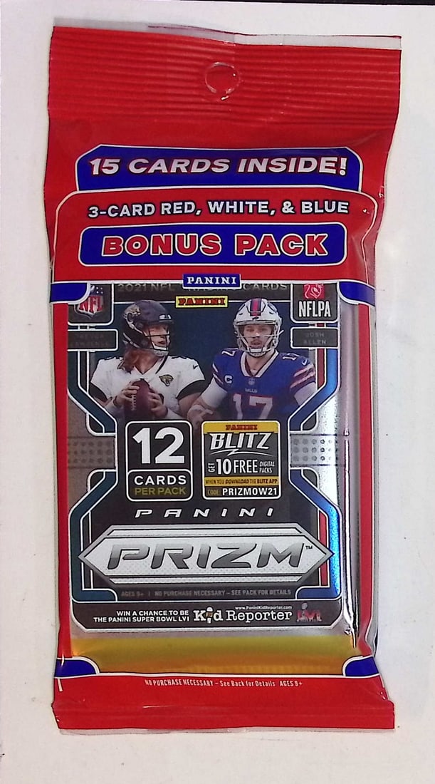 2021 Panini Prizm Football Card VALUE PACK + 3 CARD RED, WHITE & BLUE BONUS PACK: Panini Rookie Football NFL Trading & Sports Cards, Football & Sports Cards for Sale Near Me, Silver, Wave, Autographs, SP, SSP, Numbered, Super Bowl & Hall of Fame Players, Valuable Auction Memorabili