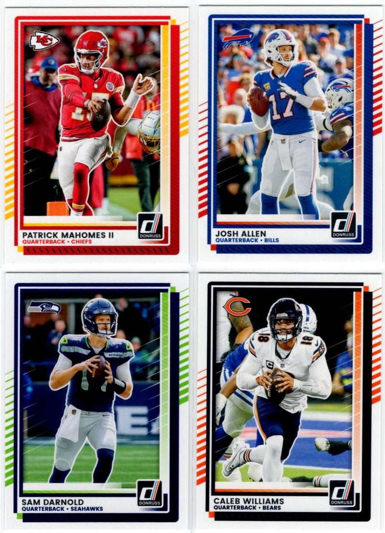 Lot of 4 2025 Donruss NFL QB Base Cards. Mahomes, Josh Allen, Sam Darnold, Williams (1 of 2)