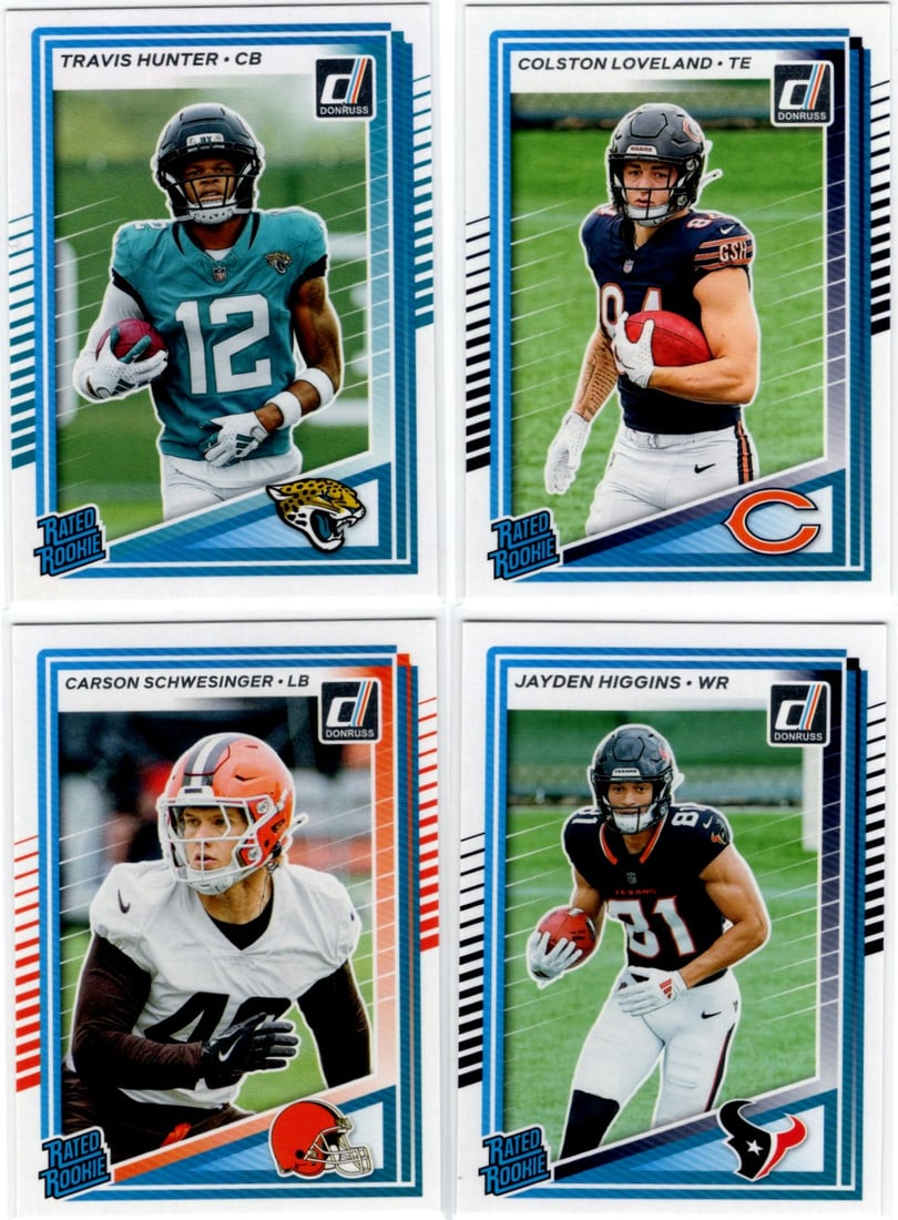 Lot of 4 2025 Donruss NFL Rookie Cards. Hunter, Loveland, Schwesinger, Higgins (1 of 2)