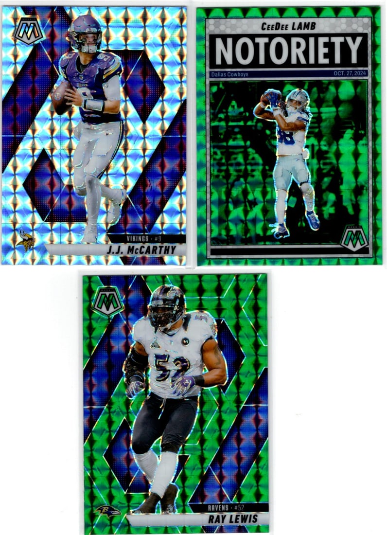 Lot of 3 2025 Mosaic NFL Mosaic Prizms. JJ McCarthy, CeeDee Lamb, Ray Lewis: Panini Select, Prizm, Mosaic, Contenders, Zenith, Phoenix, Illusions, Absolute, Rookie NFL Sports Trading Cards, SP, SSP, Cards, Football Cards for Sale Near Me, Superbowl & Hall of Fame Player Cards,