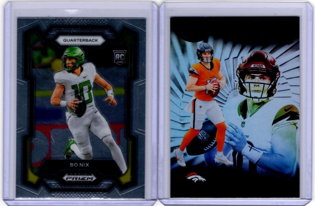 Lot of 2 Bo Nix Rookie Cards. Prizm Draft Picks #105 & Illusions #22. Denver Broncos (1 of 2)
