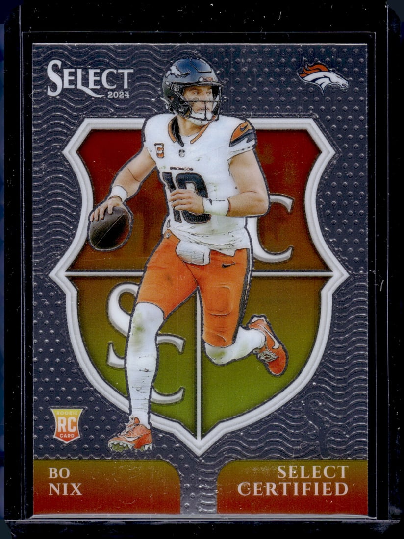 Bo Nix Rookie Card Select Certified 2024 Select #4 Denver Broncos: Panini Select, Prizm, Mosaic, Contenders, Zenith, Phoenix, Illusions, Absolute, Rookie NFL Sports Trading Cards, SP, SSP, Cards, Football Cards for Sale Near Me, Superbowl & Hall of Fame Player Cards,