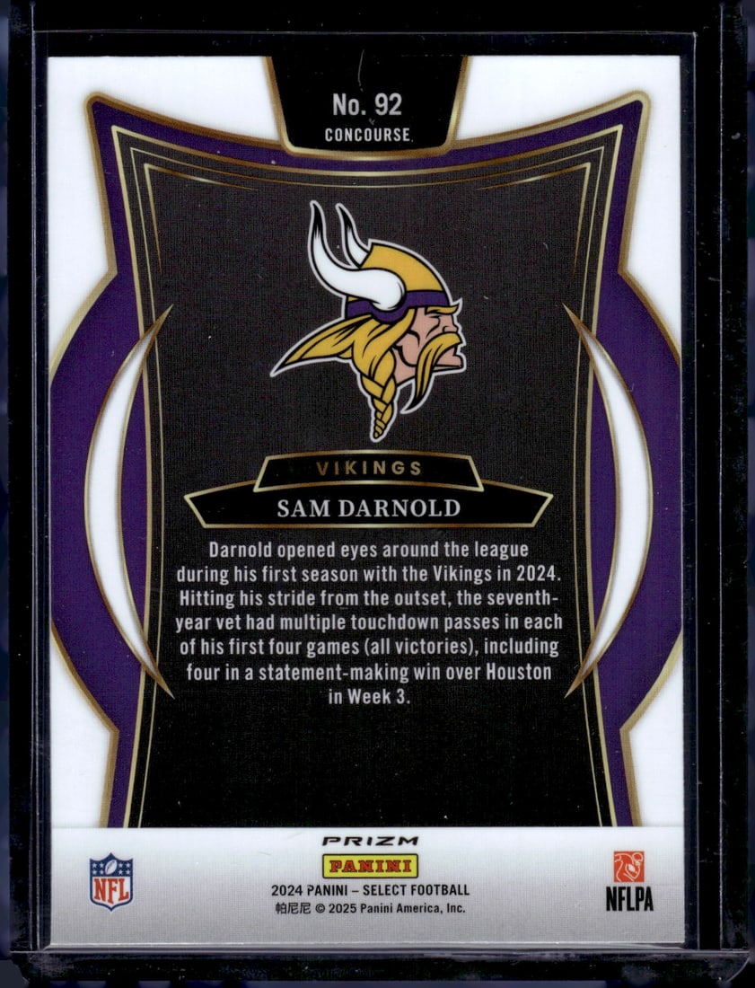 Sam Darnold Black/Green Shock Prizm 2024 Select #92 Vikings, Seahawks: Panini Select, Prizm, Mosaic, Contenders, Zenith, Phoenix, Illusions, Absolute, Rookie NFL Sports Trading Cards, SP, SSP, Cards, Football Cards for Sale Near Me, Superbowl & Hall of Fame Player Cards,
