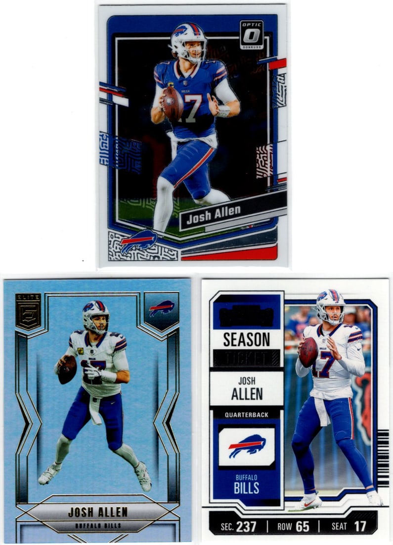 Lot of 3 Josh Allen Panini Football Cards. All Different, See Pictures. Buffalo Bills: Panini Select, Prizm, Mosaic, Contenders, Zenith, Phoenix, Illusions, Absolute, Rookie NFL Sports Trading Cards, SP, SSP, Cards, Football Cards for Sale Near Me, Superbowl & Hall of Fame Player Cards,