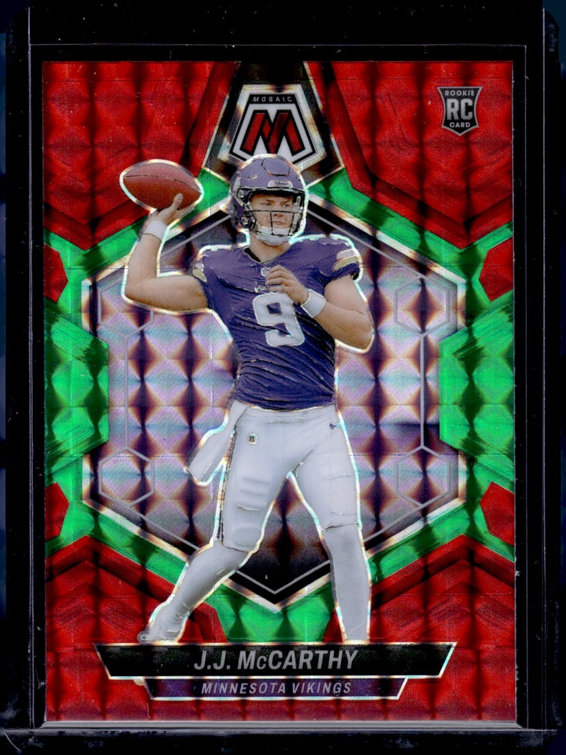 JJ McCarthy Rookie Card Choice Red/Green Prizm 2024 Mosaic #310 Vikings: Panini Select, Prizm, Mosaic, Contenders, Zenith, Phoenix, Illusions, Absolute, Rookie NFL Sports Trading Cards, SP, SSP, Cards, Football Cards for Sale Near Me, Superbowl & Hall of Fame Player Cards,