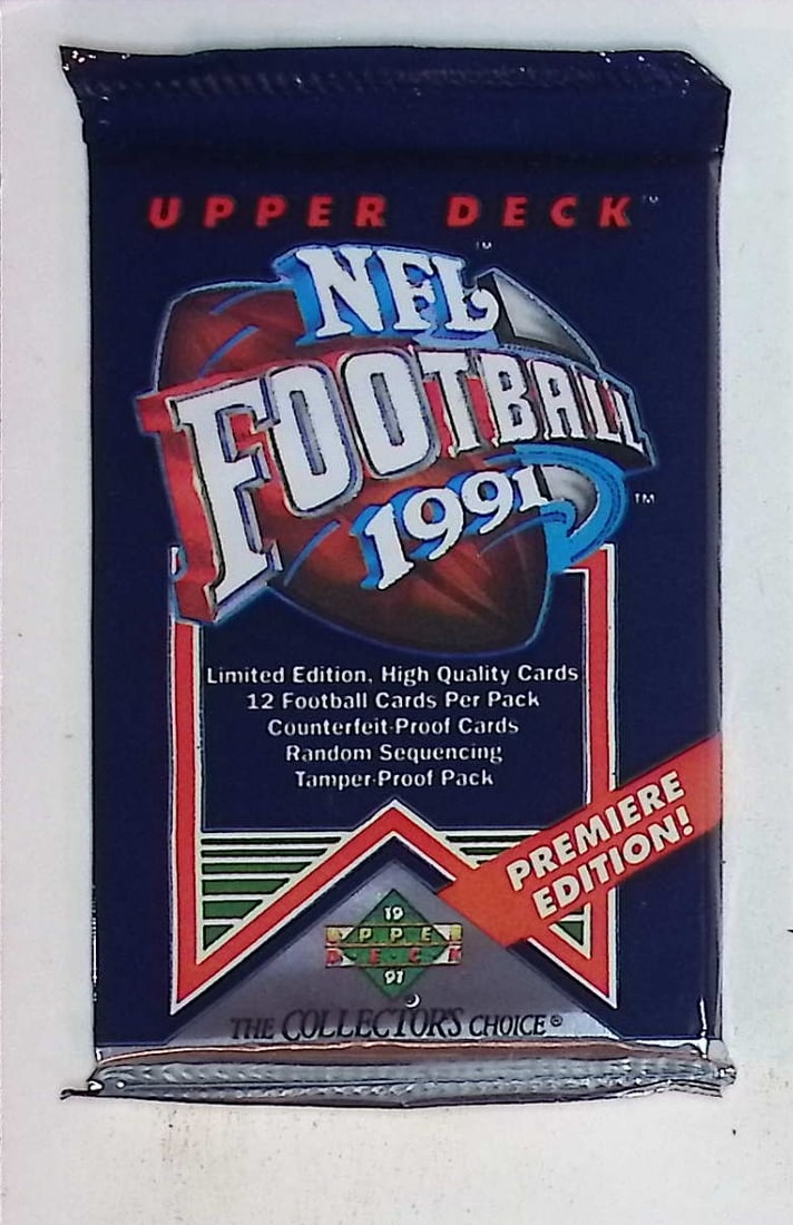 1991 Upper Deck Premier Edition Football Cards Retail Box Wax Pack, Sports Cards: Upper Deck Football NFL Trading & Sports Cards, John Elway, Bo Jackson, Jerry Rice, Dan Marino, Deion Sanders, Old Sports Cards for Sale Near Me, Vintage Valuable Auction Commemorative Lots for Sale O