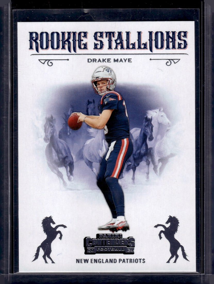 Drake Maye Rookie Stallions 2024 Panini Contenders #4 New England Patriots: Panini Select, Prizm, Mosaic, Contenders, Zenith, Phoenix, Illusions, Absolute, Rookie NFL Sports Trading Cards, SP, SSP, Cards, Football Cards for Sale Near Me, Superbowl & Hall of Fame Player Cards,