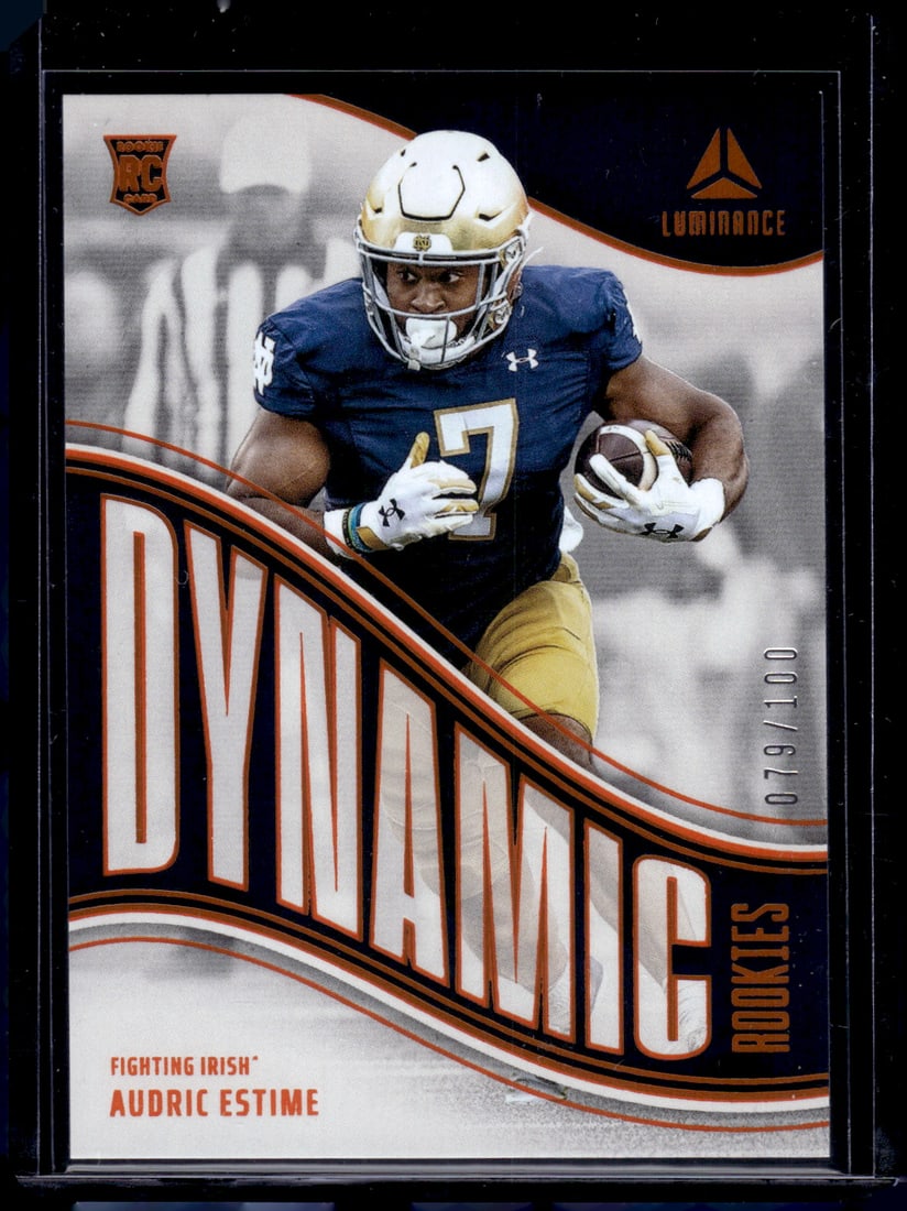 Audric Estime Rookie Card Orange /100 2024 Luminance #DR-AEE Notre Dame: Panini Select, Prizm, Mosaic, Contenders, Zenith, Phoenix, Illusions, Absolute, Rookie NFL Sports Trading Cards, SP, SSP, Cards, Football Cards for Sale Near Me, Superbowl & Hall of Fame Player Cards,