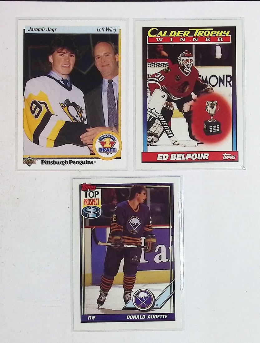 3 Vintage Rookie Hockey Cards: Jaromir Jagr, Ed Belfour, & Donald Audette Topps & Upper Deck (1 of 2)