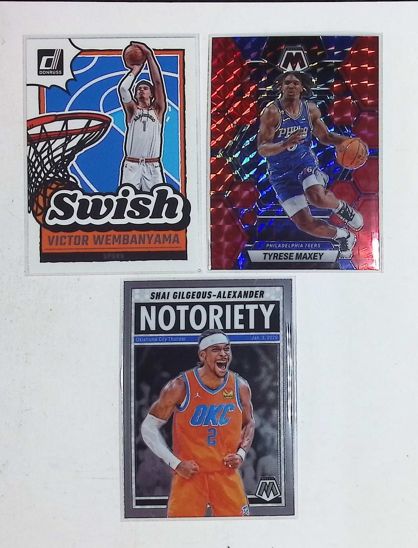 Victor Wembanyama Swish 2024 Donruss, Tyrese Maxey Red Mosaic Prizm 2022 Panini Mosaic, & Shai: Victor Wembanyama Swish 2024 Donruss, Tyrese Maxey Red Mosaic Prizm 2022 Panini Mosaic, & Shai Gilgeous-Alexander Notoriety 2024 Panini Mosaic. Panini Select, Prizm, Mosaic, Contenders, Revolution, Ph