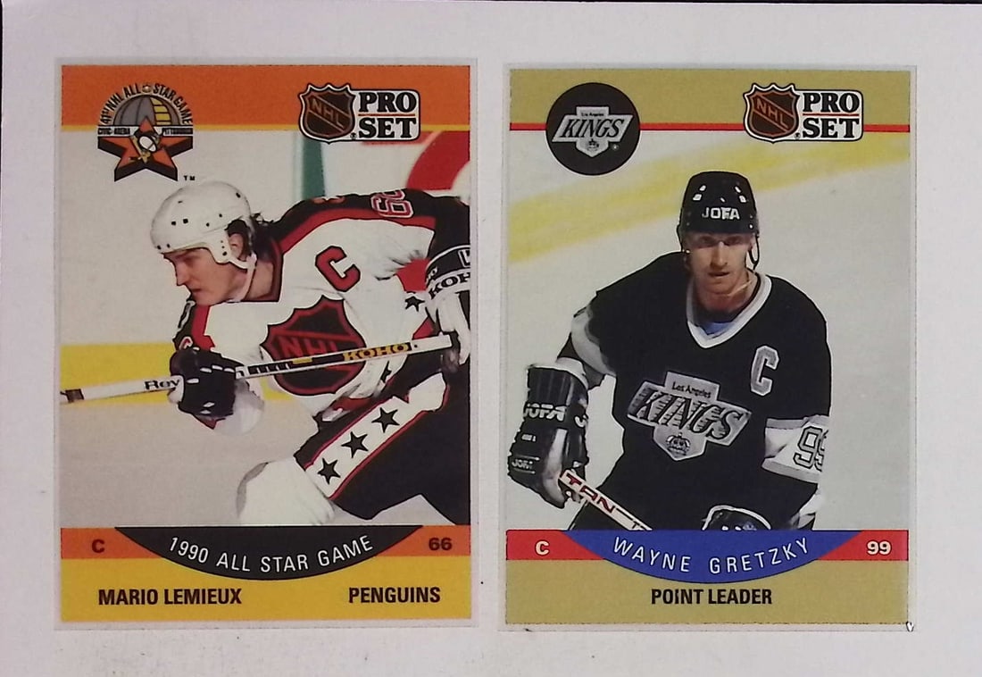 Mario Lemieux All-Star Game & Wayne Gretzky NHL Point Leader 1990 Pro-Set Hockey Cards (1 of 2)