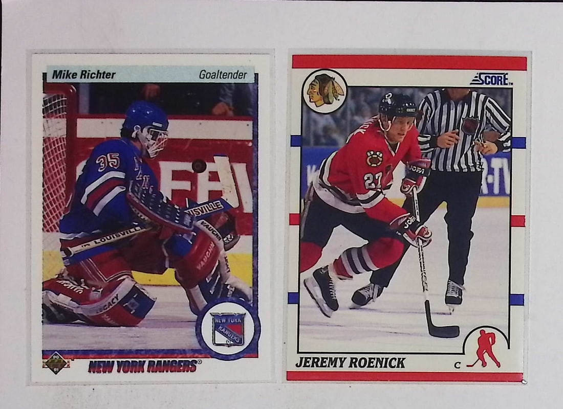 2 NHL Rookie Hockey Cards: Jeremy Roenick 1990 Score & Mike Richter Upper Deck 1990: Score Vintage NHL Hockey Trading & Sports Cards, Old Sports Cards for Sale Near Me, Stanley Cup & Hall of Fame Players, Valuable Auction Memorabilia Lots for Sale On Line