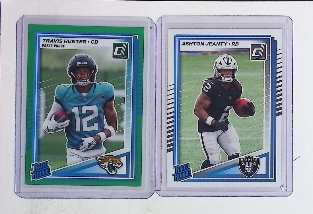 2: 2025 Donruss Rated Rookies Green Press Proof Travis Hunter & Ashton Jeanty: Panini Select, Prizm, Mosaic, Contenders, Zenith, Phoenix, Illusions, Absolute, Rookie NFL Sports Trading Cards, SP, SSP, Cards, Football Cards for Sale Near Me, Superbowl & Hall of Fame Player Cards,