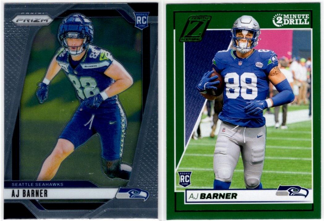 Lot of 2 AJ Barner Rookie Cards. Panini Prizm #304 & Zenith Green #104 (1 of 2)