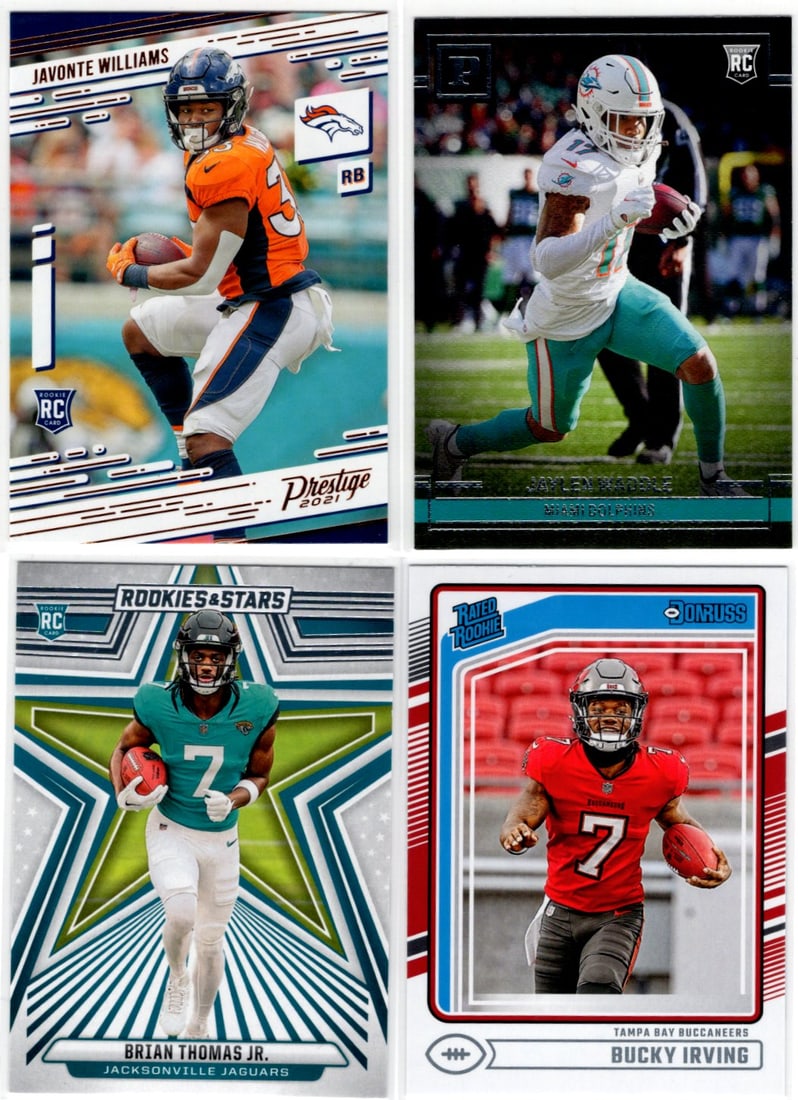 Lot of 4 NFL Rookie Cards. Javonte Williams, Jaylen Waddle, Bucky Irving, Brian Thomas Jr. (1 of 2)