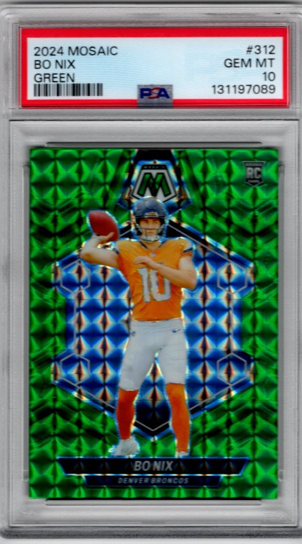 Bo Nix Rookie Card Green Mosaic Prizm 2024 Mosaic #312 PSA 10 Denver Broncos: Panini Select, Prizm, Mosaic, Contenders, Zenith, Phoenix, Illusions, Absolute, Rookie NFL Sports Trading Cards, SP, SSP, Cards, Football Cards for Sale Near Me, Superbowl & Hall of Fame Player Cards,