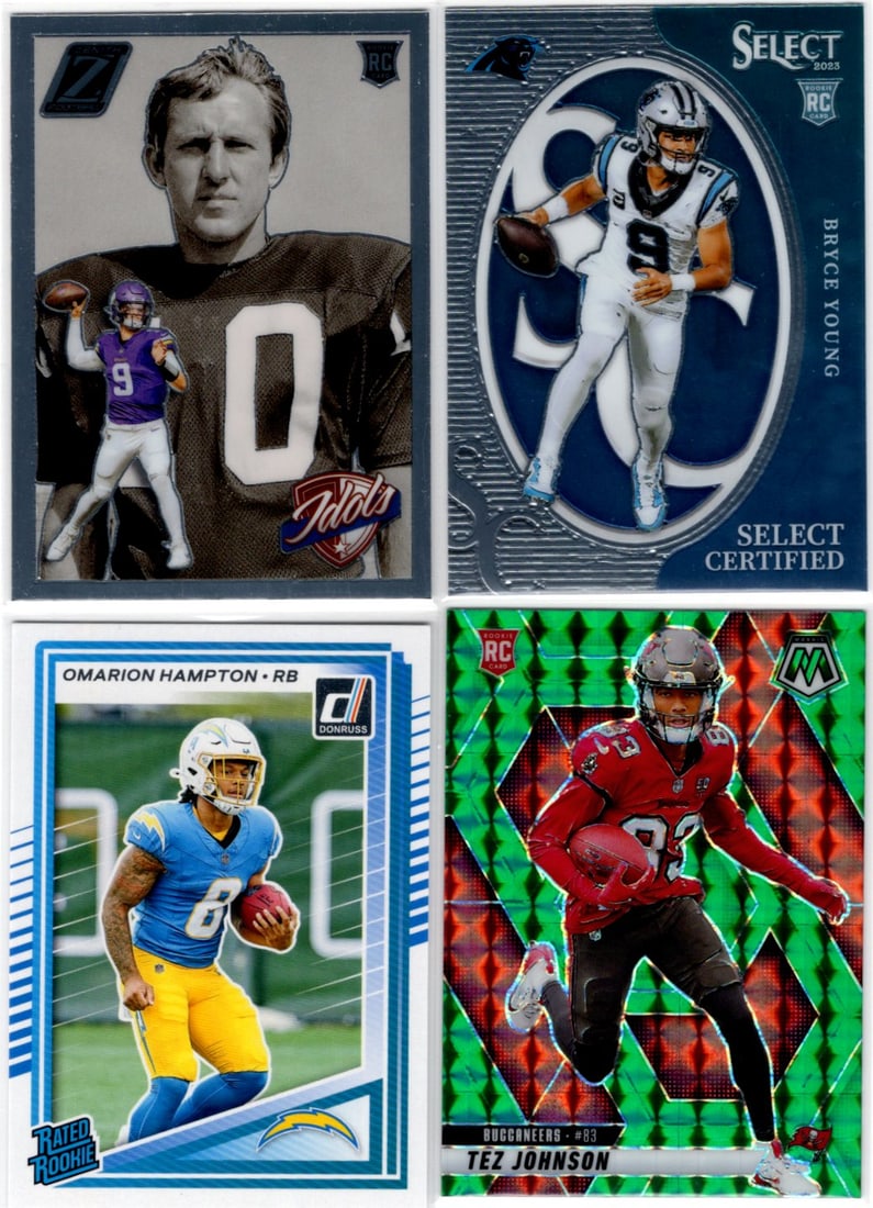 Lot of 4 NFL Rookie Cards. JJ McCarthy, Bryce Young, Omarion Hampton, Tez Johnson (1 of 2)