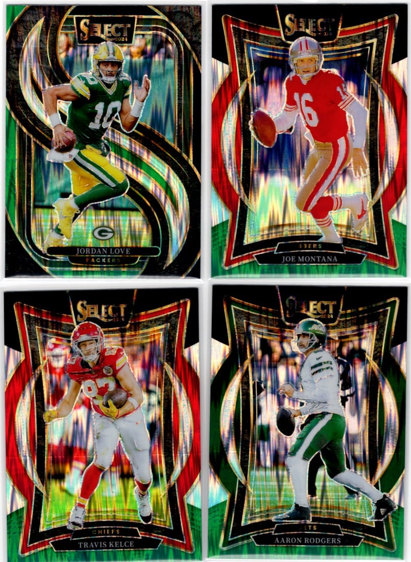 Lot of 4 2024 Select NFL Shock Prizms. Joe Montana, Jordan Love, Travis Kelce, Rodgers (1 of 2)