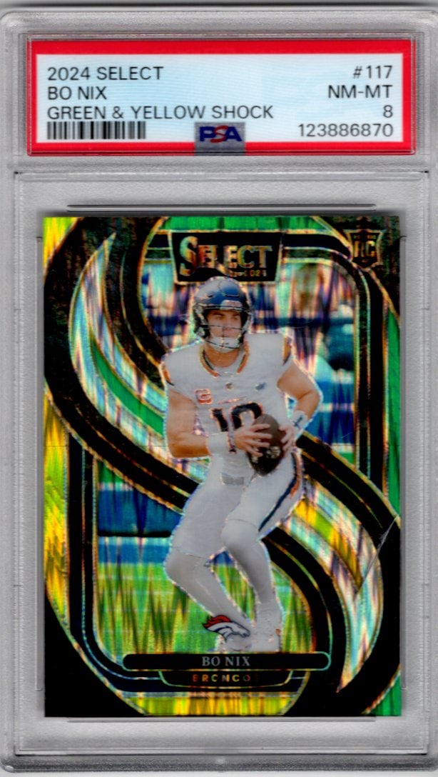 Bo Nix Rookie Card Green/Yellow Shock Prizm 2024 Select #117 PSA 8 Denver Broncos (1 of 2)