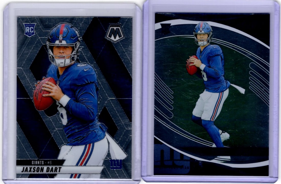 Lot of 2 Jaxson Dart Rookie Cards. Mosaic #362 & Absolute #137. New York Giants: Panini Select, Prizm, Mosaic, Contenders, Zenith, Phoenix, Illusions, Absolute, Rookie NFL Sports Trading Cards, SP, SSP, Cards, Football Cards for Sale Near Me, Superbowl & Hall of Fame Player Cards,