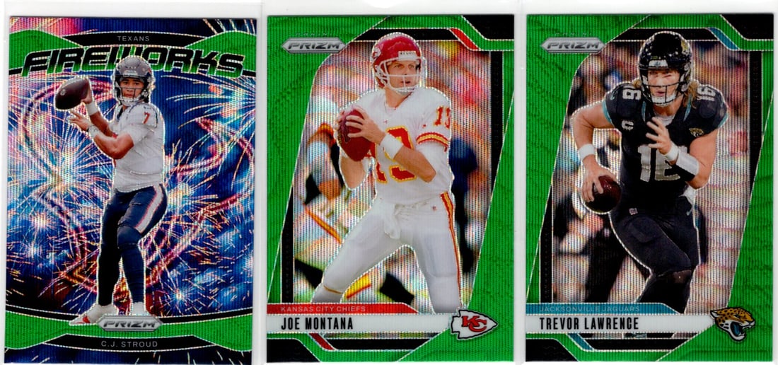 Lot of 3 2024 Panini Prizm NFL QB Green Wave Prizms. Cj Stroud, Joe Montana, Lawrence (1 of 2)