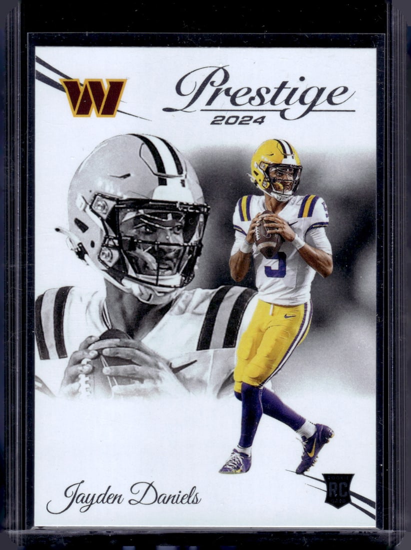 Jayden Daniels Rookie Card 2024 Panini Prestige #302 LSU Tigers, Commanders: Panini Select, Prizm, Mosaic, Contenders, Zenith, Phoenix, Illusions, Absolute, Rookie NFL Sports Trading Cards, SP, SSP, Cards, Football Cards for Sale Near Me, Superbowl & Hall of Fame Player Cards,