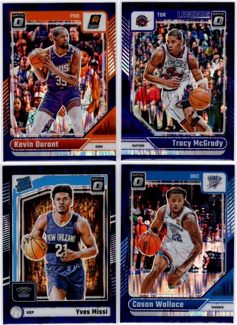 Lot of 4 2024-25 Donruss Optic NBA Purple Shock Prizms. Durant, McGrady, Missi RC, Wallace: Panini Select, Prizm, Mosaic, Contenders, Revolution, Phoenix, NBA Hoops, Rookie NFL Sports Trading Cards, Silver, SP, SSP, Wave Prizms, Numbered Cards, Basketball sports Cards for Sale Near Me, NBA C