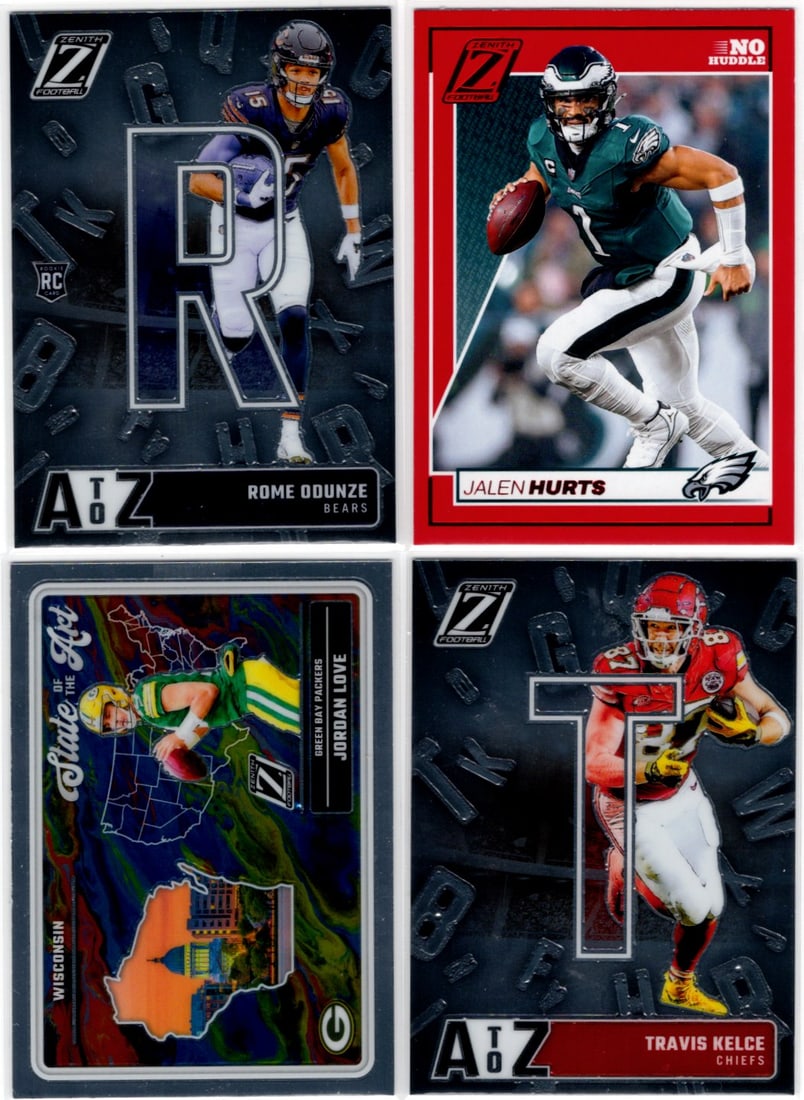Lot of 4 2024 Zenith NFL Rookies, Inserts, Parallels. Odunze RC, Hurts, Love, Kelce (1 of 2)