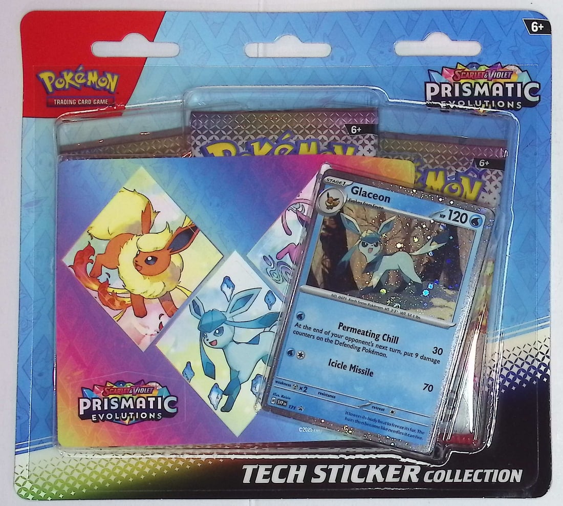 2025 Pokemon Scarlet & Violet Prismatic Evolutions Tech Sticker Collection Blister Packs: Pokemon Trading Card Game Cards, Charizard, Pikachu, Mewto, EX, Referse Holo, Holo Rare Cards, Secret Rare Cards, Full Art Cards, Evee, 3 Stars Ultra Rare Cards, Double Rare, Illustration Rare, Specia