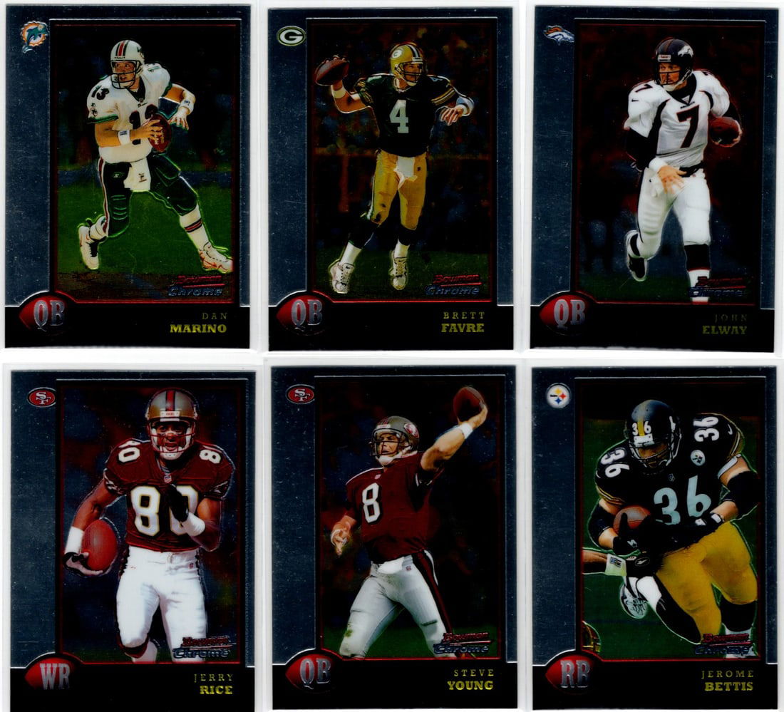 Lot of 6 1998 Bowman Chrome Football Cards. Marino, Favre, Elway, Rice, Young, Bettis (1 of 2)