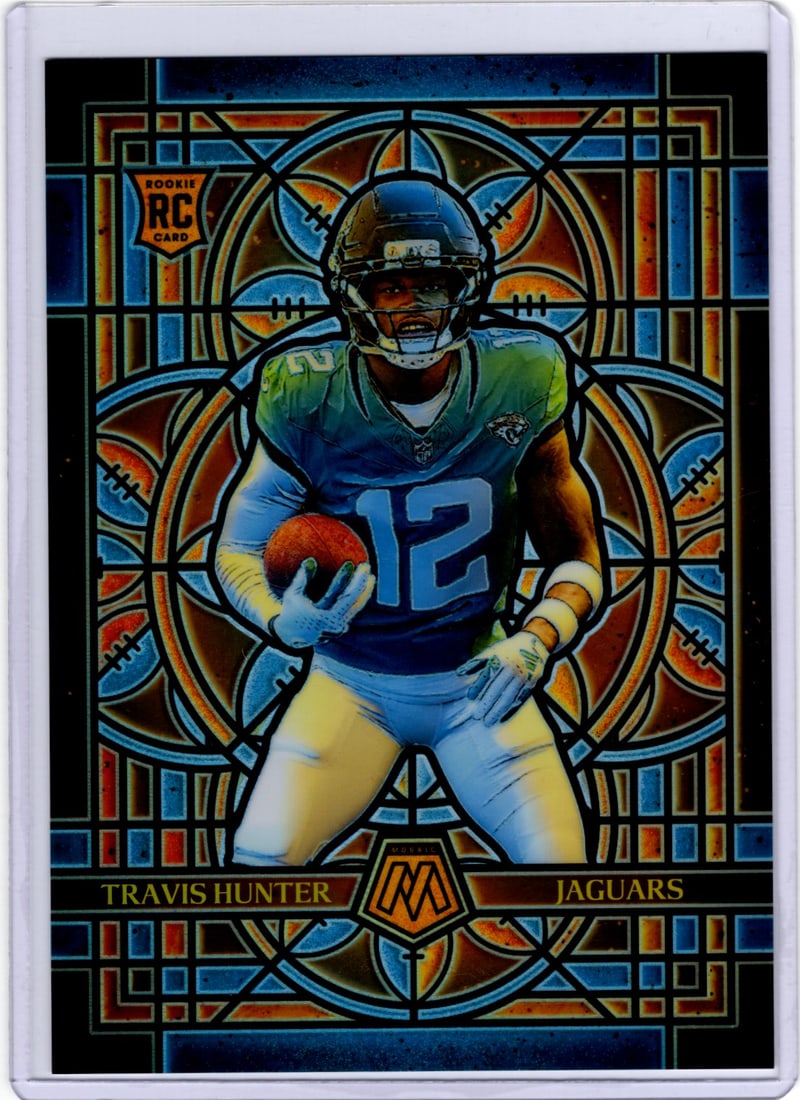 Travis Hunter Rookie Oversized Jumbo Stained Glass 2025 Mosaic #12 Jaguars: Panini Select, Prizm, Mosaic, Contenders, Zenith, Phoenix, Illusions, Absolute, Rookie NFL Sports Trading Cards, SP, SSP, Cards, Football Cards for Sale Near Me, Superbowl & Hall of Fame Player Cards,