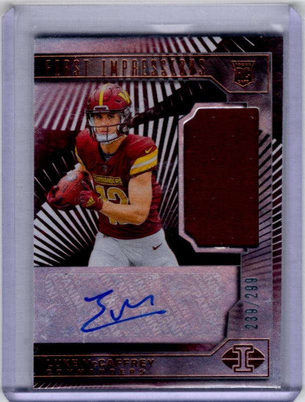 Luke McCaffrey Rookie Patch Auto /299 2024 Illusions #121 Washington Commanders: Panini Select, Prizm, Mosaic, Contenders, Zenith, Phoenix, Illusions, Absolute, Rookie NFL Sports Trading Cards, SP, SSP, Cards, Football Cards for Sale Near Me, Superbowl & Hall of Fame Player Cards,
