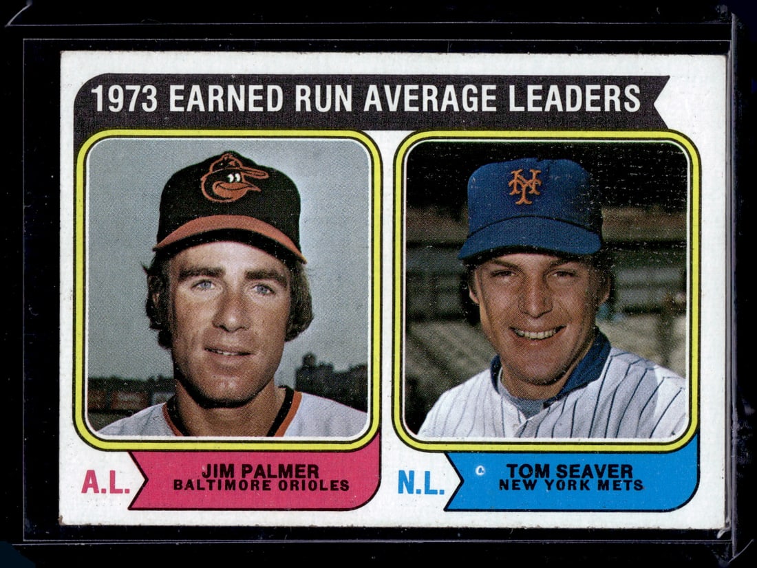 1973 ERA Leaders Jim Palmer/Tom Seaver 1974 Topps #206 Orioles, Mets: MLB Trading Cards, Baseball Cards, Topps Cards, Topps Baseball Cards, Topps Vintage Cards, Sports Cards for Sale Near Me, Vintage Sports Card, Vintage Baseball Cards, Old Baseball Cards, Old Sports Ca