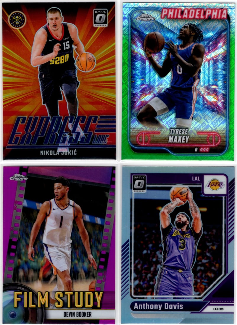 Lot of 4 NBA Prizms and Refractors. Nikola Jokic, Tyrese Maxey, Devin Booker, Anthony Davis (1 of 2)