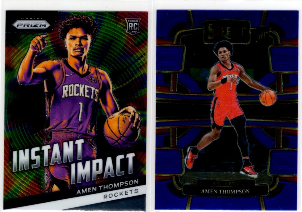 Lot of 2 Amen Thompson Rookie Cards. Panini Prizm #18 & Select #96. Houston Rockets: Panini Select, Prizm, Mosaic, Contenders, Revolution, Phoenix, NBA Hoops, Rookie NFL Sports Trading Cards, Silver, SP, SSP, Wave Prizms, Numbered Cards, Basketball sports Cards for Sale Near Me, NBA C